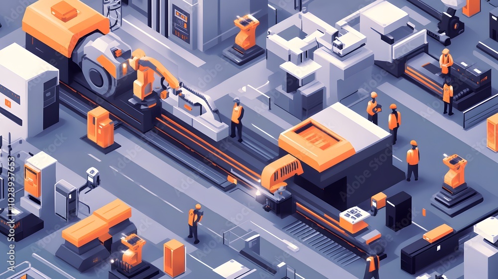 Poster a clean isometric illustration saved in svg format, showcasing a tech-heavy scene of robotic assembl