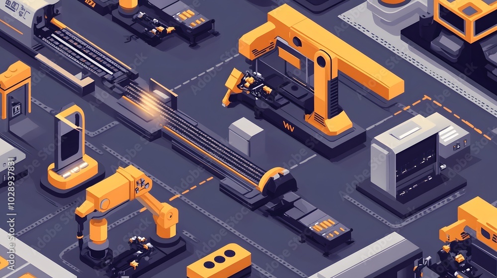 Poster a clean isometric illustration saved in svg format, showcasing a tech-heavy scene of robotic assembl