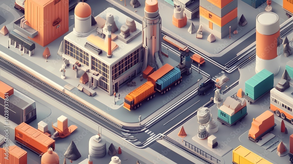 Poster a detailed isometric scene built on an axonometric grid, with objects and structures perfectly align