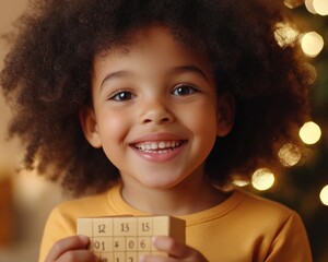 A Child's Joyful Christmas Moment Opening an Advent Calendar with a Twinkling Christmas Tree in the Background, Capture the Magic of the Holidays with this Adorable Image