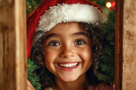 Adorable Little Girl in Santa Hat Peeking into Advent Calendar with Pure Holiday Joy, Christmas Cheer, Festive Spirit, Christmas Countdown, Holiday Tradition
