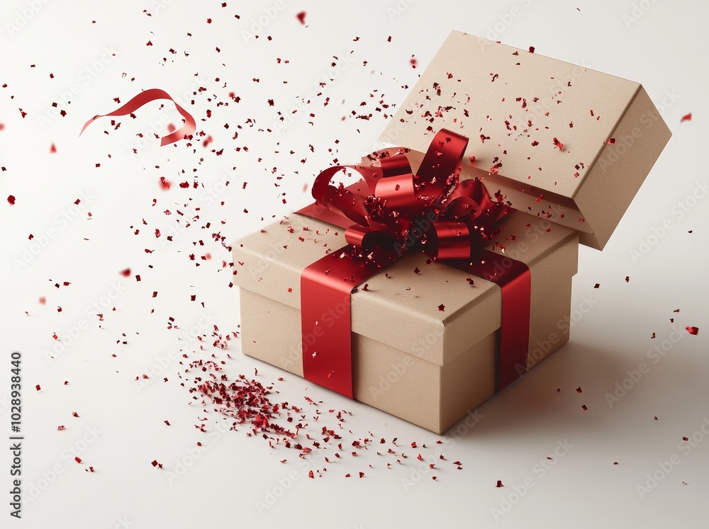 Poster a white present box or blank gift box opened with a red ribbon bow and a blank tag is rendered in 3d