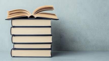 Stacked books with an open top volume on a textured background