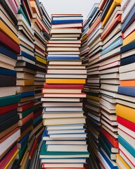 Towering stacks of colorful books in a vibrant arrangement