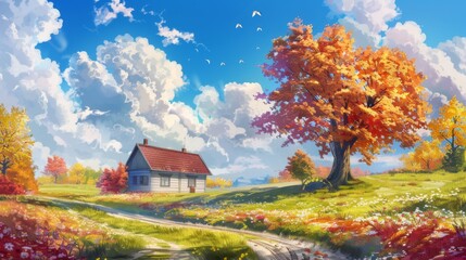 A cozy cottage with a red roof sits beside a vibrant autumn tree under a bright blue sky with fluffy clouds
