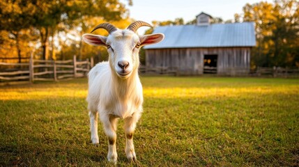 A white goat stands in a grassy field with a wooden barn in the background. The goat is looking directly at the camera.