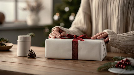 close up of beautifully wrapped Christmas gift being unwrapped, surrounded by festive decorations and cozy atmosphere. scene evokes warmth and holiday spirit
