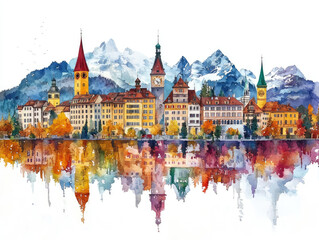 Fototapeta premium Watercolor Painting of a European Village with Mountains and Reflections
