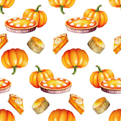 Seamless watercolor autumn pumpkin pie pattern