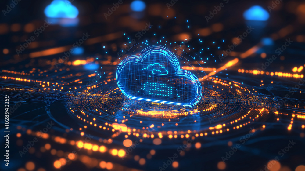 Poster cloud computing:digital informational technology web futuristic hologram with cloud icon, golden blu