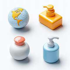 3D Icon Set for Global Handwashing Day: Globe, Handwash, and Germs Symbols in a Clean, Modern Design