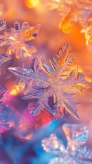 Close-up of intricate snowflakes glimmering in colorful light.