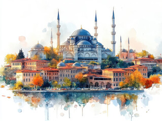 Fototapeta premium Watercolor Painting of Istanbul Cityscape with Famous Mosque and Reflections on Water 