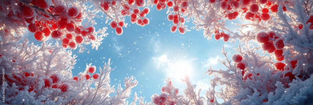 Poster the background of this image shows the branches of trees covered in snow on a blue sky backdrop. thi