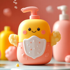 3D icon character a yellow and orange soap dispenser with a face on it 