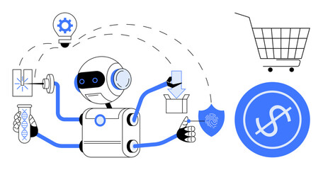 Robot with multiple arms performing tasks like fingerprint scanning and testing in a lab setting with icons of a shopping cart lightbulb and dollar sign. Ideal for technology artificial intelligence