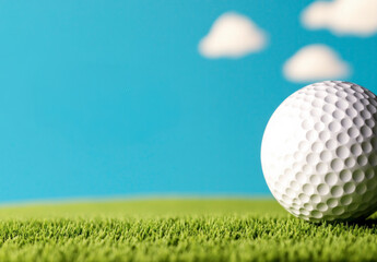 Golf Ball on Green with Clouds: A close-up image of a white golf ball resting on a lush green surface, with fluffy white clouds against a bright blue sky in the background.