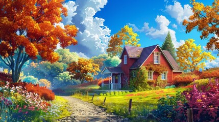 A cozy cottage with a red roof sits beside a vibrant autumn tree under a bright blue sky with fluffy clouds