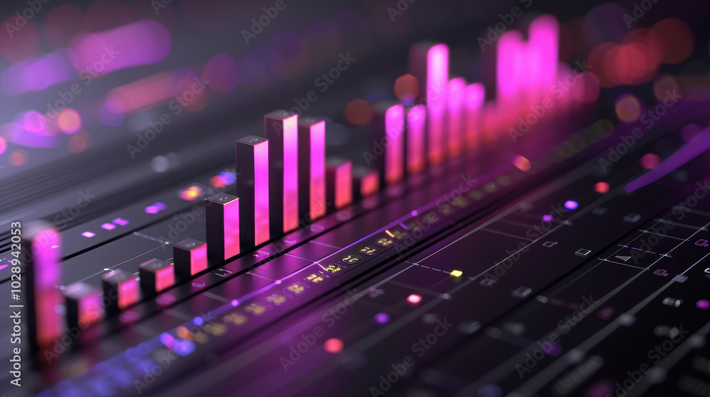 Poster digital financial technology visualization with vibrant pink and purple bar graphs representing data