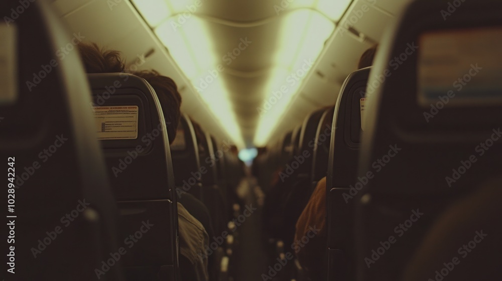 Poster a view down the aisle of an airplane with passengers seated in rows.