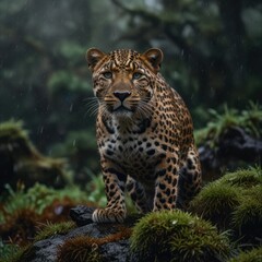 Obraz premium A leopard sits in the rain, looking directly at the camera, in a lush forest.