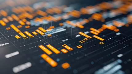 Obraz premium Digital financial technology visualization with data analytics and graphs showcasing trends and metrics. vibrant orange elements highlight key information in modern interface