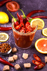 Bloody Mary alcoholic cocktail decorated with hot hot pepper and lemon on a dark background. Pepper, lemon, grass sugar on the surface.