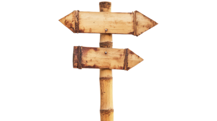 Rustic wooden signpost with two arrows pointing in opposite directions, symbolizing choice and direction against a transparent background.