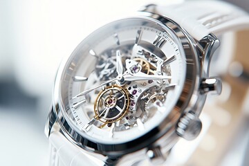 Close-up view of an elegant skeleton watch, revealing its intricate inner workings and the precise movement of its gears