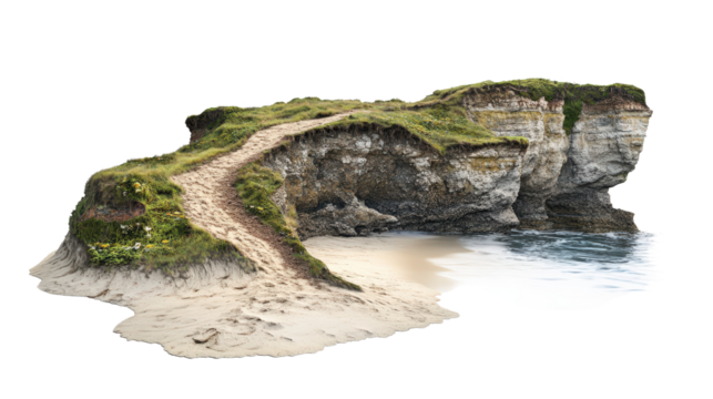 Scenic coastal rock formation with a sandy trail and waves gently hitting the shore, showcasing nature's beauty and tranquility.