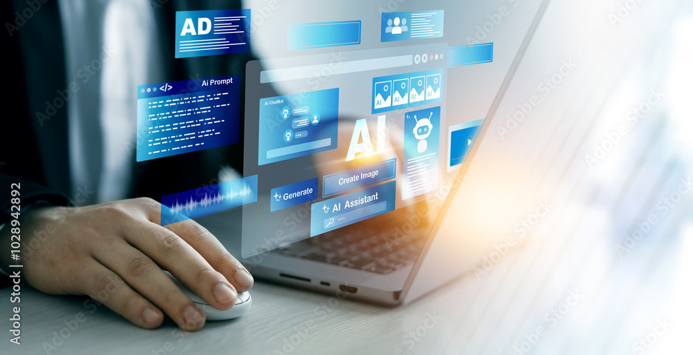 Poster Image generator, documents, marketing and advertising, bot writing and coding.Interaction with the Ai assistant to solve some tasks more easily. Person using laptop with Ai Content Generator.