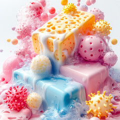Creative 3D Icon Bundle Featuring a Bar of Soap with Bubbles and Germs for Hygiene Awareness