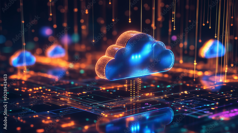 Poster cloud computing:digital informational technology web futuristic hologram with cloud icon, golden blu