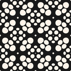 Abstract seamless pattern with organic shapes, dots, drops, mesh, perforated surface. Simple black and white geometric background texture. Vector minimal monochrome ornament. Repeated geo design