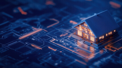 Modern home design concept with digital blueprint overlay