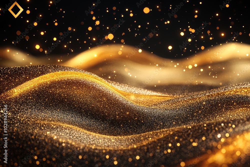 Poster a golden sparkle glitters with a bokeh effect and selective focus. a festive background with bright 