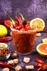 Bloody Mary alcoholic cocktail decorated with hot hot pepper and lemon on a dark background. Pepper, lemon, grass sugar on the surface.