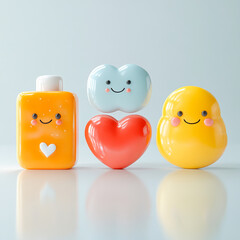 3D icon of three bottles of different colors with one that says happy face