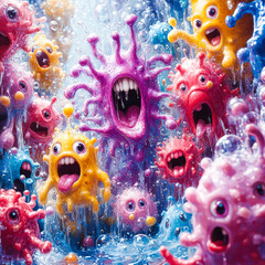3D Illustration of Germs Being Washed Away for Hygiene Awareness