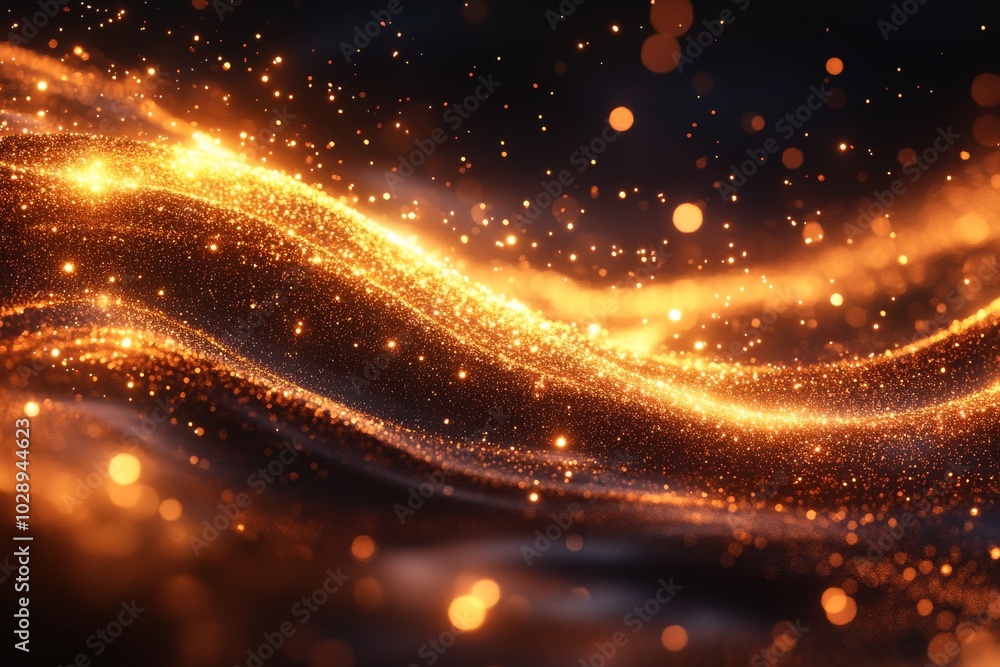 Poster underwater abstract shimmering gold glitter particles flow with shallow depth of field. festive swir