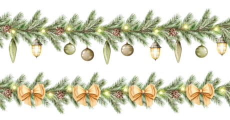 Watercolor decorative seamless border. Christmas garland with  lights, beige bows, green branches and lanterns. 