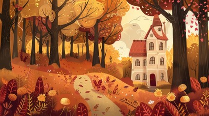 A cozy cottage with a red roof sits beside a vibrant autumn tree under a bright blue sky with fluffy clouds