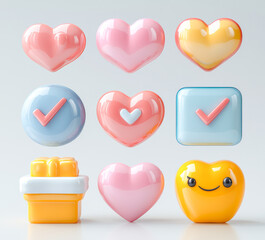 a collection of 3d icon of colorful heart shaped and emoji