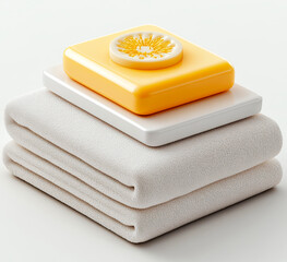 3D Icon of a Towel with a Soap Bar for Cleanliness