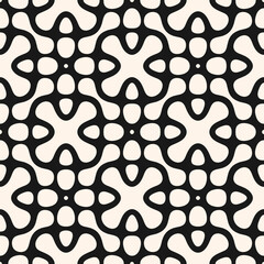 Vector abstract geometric texture. Monochrome seamless pattern with curved lines, floral silhouettes, organic shapes, dots, grid, lattice. Simple black and white background. Repeatable geo design