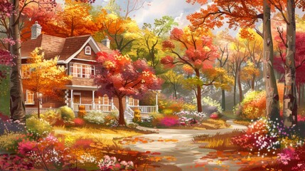 Obraz premium A cozy cottage with a red roof sits beside a vibrant autumn tree under a bright blue sky with fluffy clouds