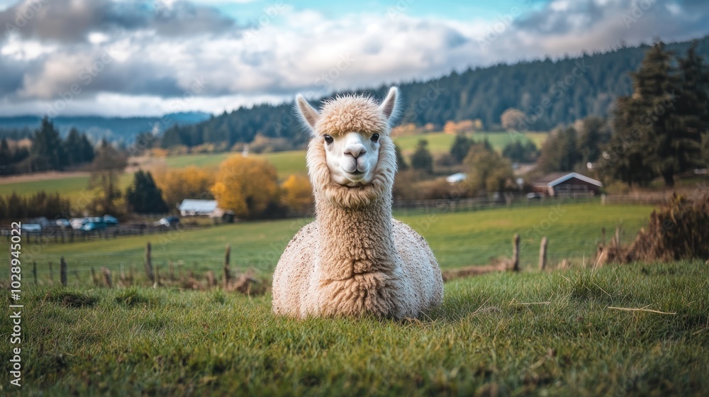 Poster a white alpaca sits in a green field, looking directly at the camera. the alpaca is in focus, while 