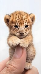 Obraz premium Cute Miniature Lion Cub in Palm and Fingertip, Photo Realistic, Texture, Pattern Background, Wallpaper, Cover and Screen for Smartphone, PC, Laptop, 9:16 and 16:9 Format