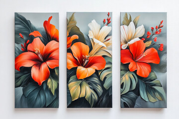 Oil paintings artwork, floral spring summer triptych, blooming flowers