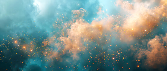 Naklejka premium Shiny, glowing background with blue swirl of smoke, golden dust, shimmer, particles. Steam effect. Smoky mockup for celebrating. Generative ai